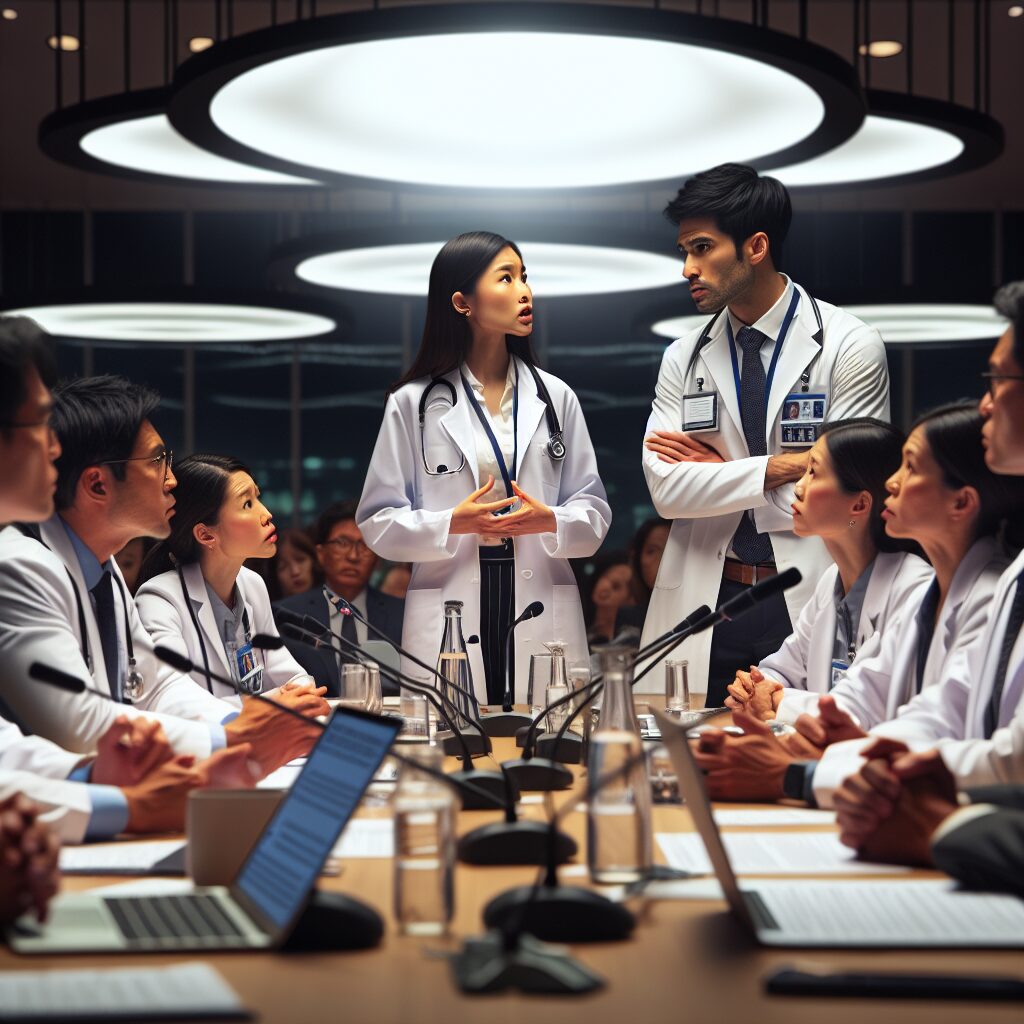 An image depicting a public health debate with medical professionals and environmental advocates discussing the potential risks of a controversial law, in a modern and concerned atmosphere.