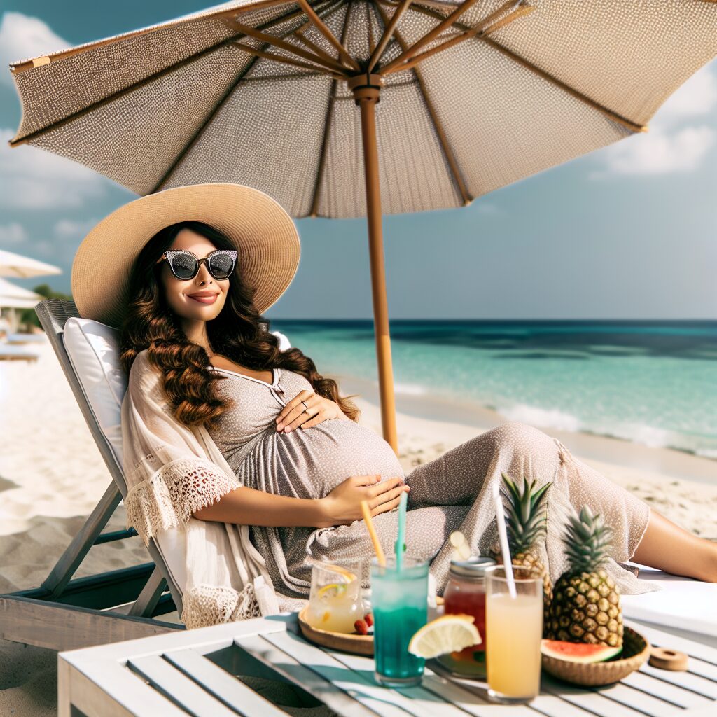 A pregnant woman comfortably sitting under a large sun umbrella on a sunny beach, wearing a broad-brimmed hat and sunglasses, surrounded by cool drinks and wearing light, airy clothes. She's relaxed and smiling, embodying a calm and pleasant summer experience, with a subtle background of gentle waves and clear blue sky.