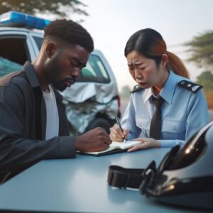 Une scène illustrant un accident de la circulation avec un véhicule endommagé, un témoin prenant des notes, et un agent de sécurité conseillant une victime, sous un ciel dégagé.