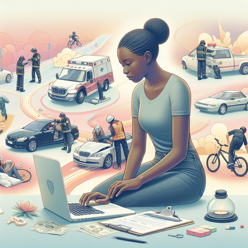 A calm and informative scene showing a person filling out a form on a laptop, with a background depicting various accident scenarios like a car accident, a bicycle mishap, and a public space incident, in a soft pastel color palette, emphasizing guidance and support.