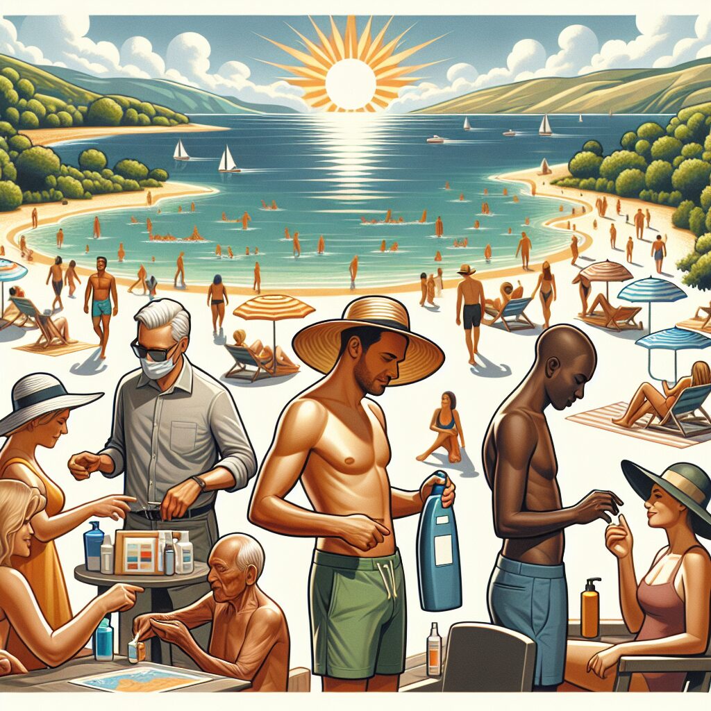 A picturesque summer scene with a sunny beach, people enjoying the outdoors with precautions like wearing hats, applying sunscreen, and using hand sanitizers—to symbolize health safety tips for summer.