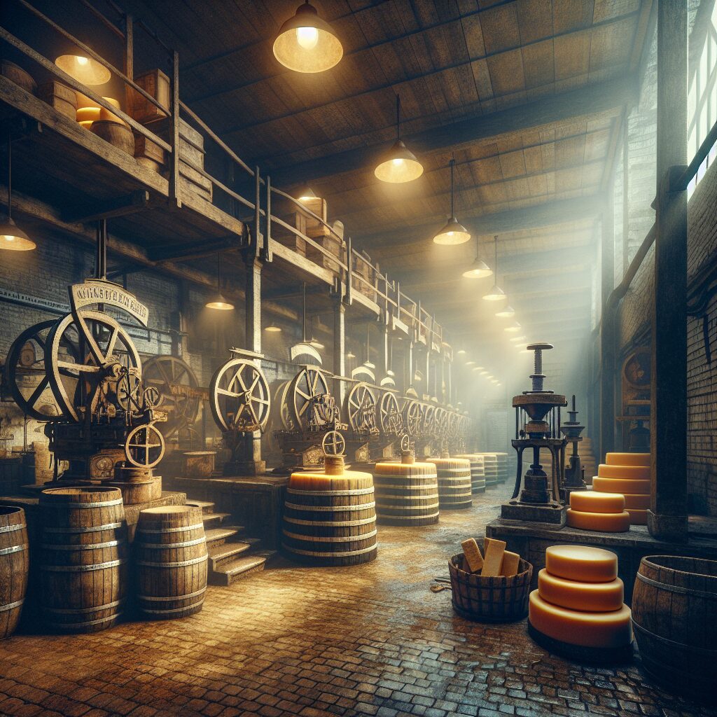 A detailed scene of a traditional cheese factory with vintage equipment, surrounded by an air of mystery and caution, reflecting a health crisis scenario.