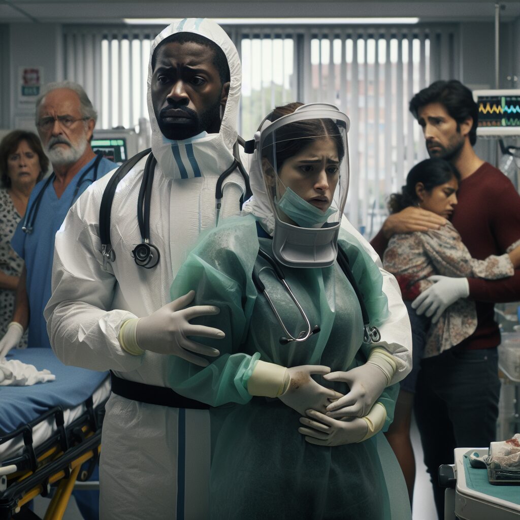 A group of medical professionals wearing protective gear, surrounded by a somber, tense environment, in a hospital setting in Argentina. The image should reflect a sense of urgency and tragedy, and include distressed family members in the background.
