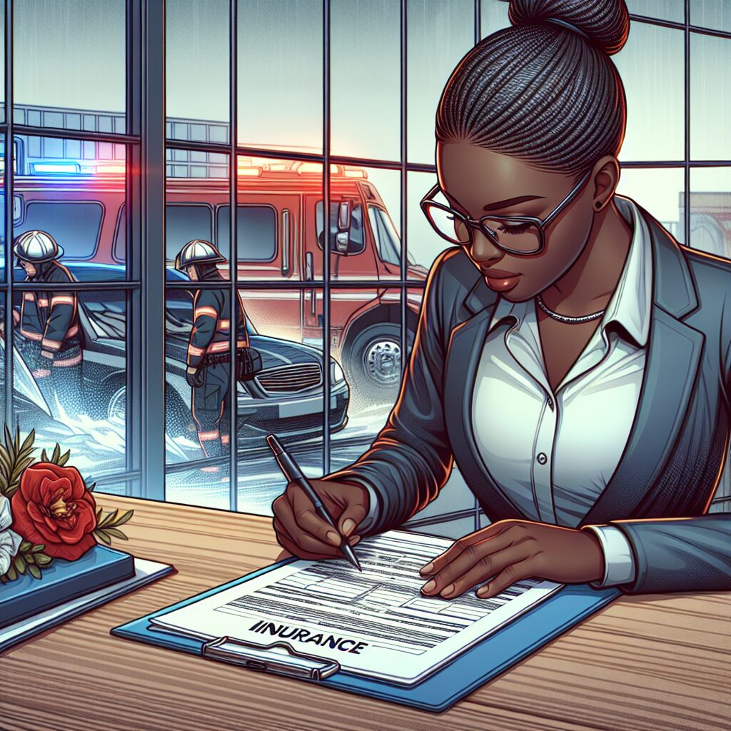 An illustrative image showing a person filling out insurance forms, with an accident scene in the background to convey the concept of claiming against a third party responsible for an accident.