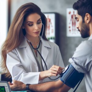 Un médecin mesurant la tension artérielle d'un patient dans un cadre clinique, illustrant l'importance du dépistage de l'hypertension artérielle. L'image doit montrer des appareils médicaux modernes et une interaction professionnelle.