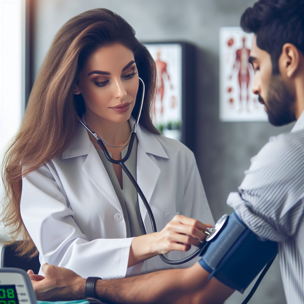 Un médecin mesurant la tension artérielle d'un patient dans un cadre clinique, illustrant l'importance du dépistage de l'hypertension artérielle. L'image doit montrer des appareils médicaux modernes et une interaction professionnelle.