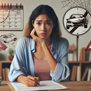 A worried person filling out a form with a calendar and accident-related symbols in the background, symbolizing the process of filing a claim after an accident caused by a third party.