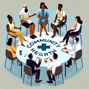 Illustration of diverse citizens engaging in a community health forum, discussing, and exchanging ideas with healthcare professionals, symbolizing public participation in health policies.