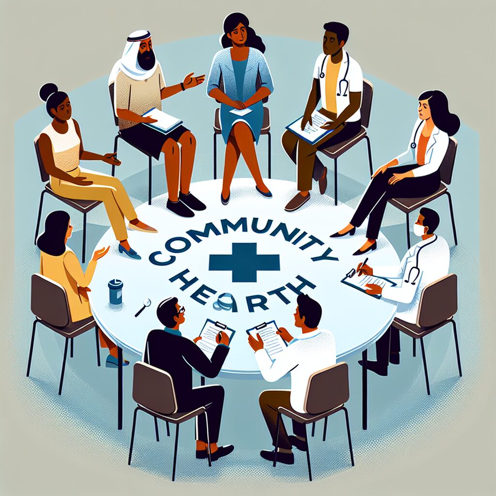 Illustration of diverse citizens engaging in a community health forum, discussing, and exchanging ideas with healthcare professionals, symbolizing public participation in health policies.