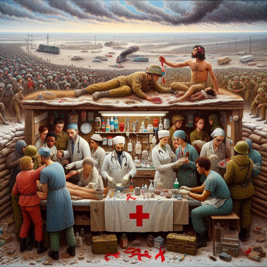 A somber and evocative image depicting the struggle of Russian soldiers with a background of war-torn landscape, medical facilities, and symbolic representation of the HIV/AIDS epidemic.