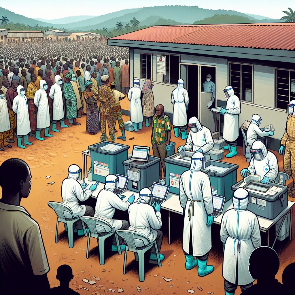 Une image illustrant la crise sanitaire en Sierra Leone causée par le virus Mpox, montrant des professionnels de santé en action avec des équipements de protection dans un centre de dépistage, en arrière-plan une communauté en alerte.