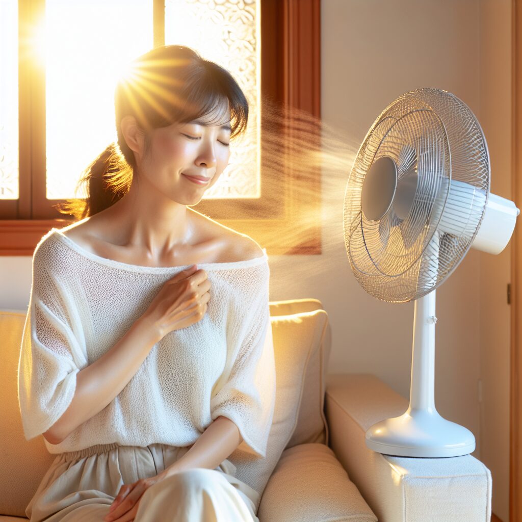 A woman sitting on a couch in a hot, sunny room with a table fan blowing air towards her, looking relieved yet cautious, with the sun streaming in through the window.