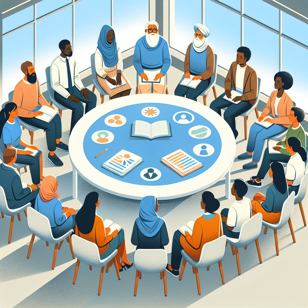 Illustration showing diverse citizens engaging in a community health discussion, symbolizing participation and collaboration in public health.