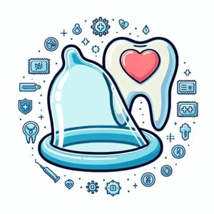 Illustration d'un préservatif et une digue dentaire accompagnés de symboles médicaux pour représenter les protections lors de rapports oraux et leurs implications en matière de santé.