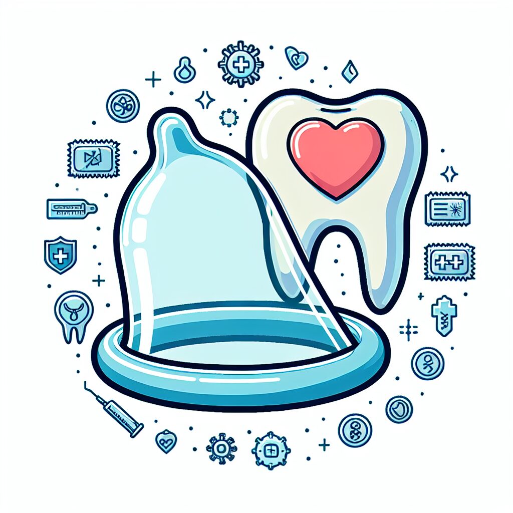 Illustration d'un préservatif et une digue dentaire accompagnés de symboles médicaux pour représenter les protections lors de rapports oraux et leurs implications en matière de santé.
