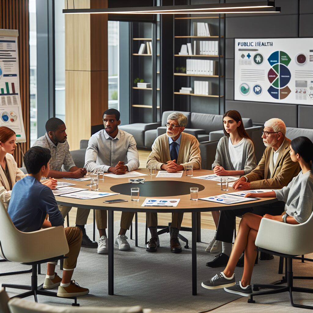 A diverse group of citizens of different ages and backgrounds engaged in a community meeting about public health, with charts and health-related materials around, in a modern conference room setting.