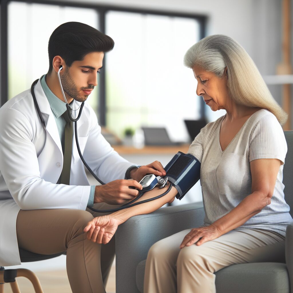 An image showing a healthcare professional measuring a patient's blood pressure with a modern electronic device in a clinical setting, highlighting the importance of regular check-ups for hypertension prevention.