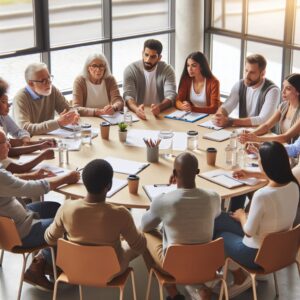 Des citoyens de toutes origines participent activement à une réunion de santé communautaire, échangeant des idées et discutant autour d'une grande table ronde, dans un environnement lumineux et collaboratif.