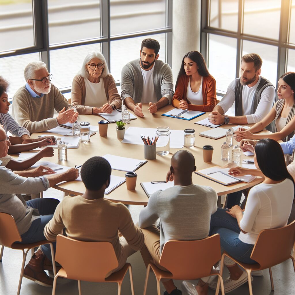 Des citoyens de toutes origines participent activement à une réunion de santé communautaire, échangeant des idées et discutant autour d'une grande table ronde, dans un environnement lumineux et collaboratif.