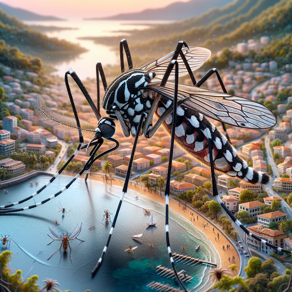 Aedes albopictus mosquito, also known as the tiger mosquito, in a European landscape, highlighting long summer and mild winter conditions, focus on the mosquito thriving in these climates, detailed close-up of the mosquito in natural habitat.