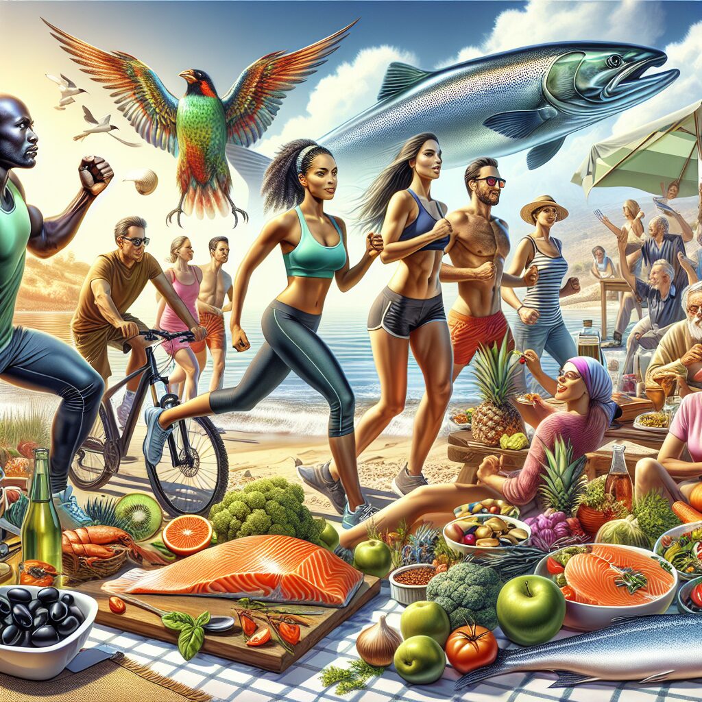 A vibrant summer scene showing a diverse group of people enjoying healthy activities like jogging, biking, and picnicking by the sea, with an assortment of Mediterranean foods like olives, salmon, and vegetables in the foreground. The mood is energetic and joyful, reflecting a healthy lifestyle and well-being.