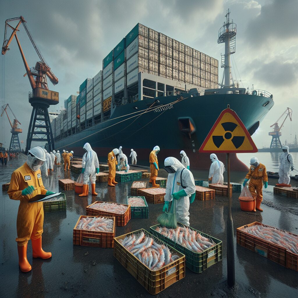 A cargo ship at a port unloading crates of shrimp, with a warning sign indicating radioactivity. The sky is overcast, and workers in safety gear are inspecting the cargo.