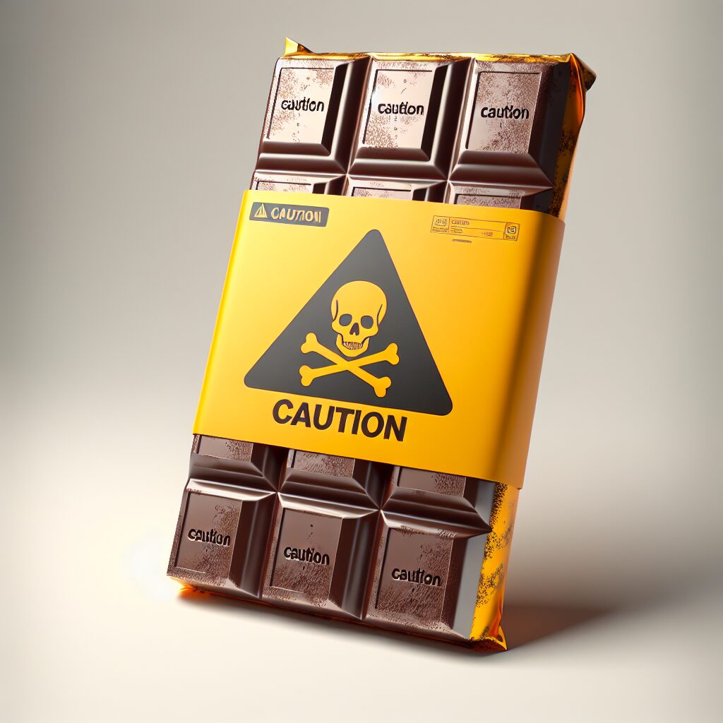 An illustration showing a chocolate bar with a caution symbol, representing hidden dangers of heavy metals in food products.