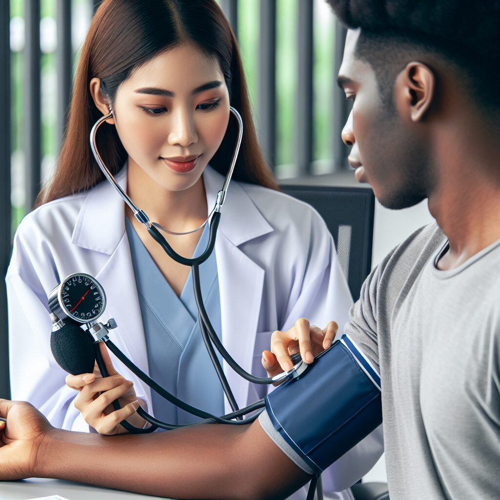 Un médecin mesurant la pression artérielle d'un patient avec un tensiomètre moderne dans un cabinet médical lumineux.