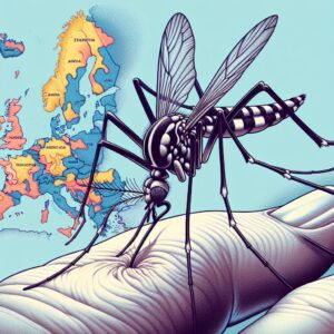 A detailed illustration of a mosquito, primarily Aedes albopictus, biting through human skin, representing the increasing mosquito-borne diseases in Europe due to climate change, with a European map in the background showing affected areas.