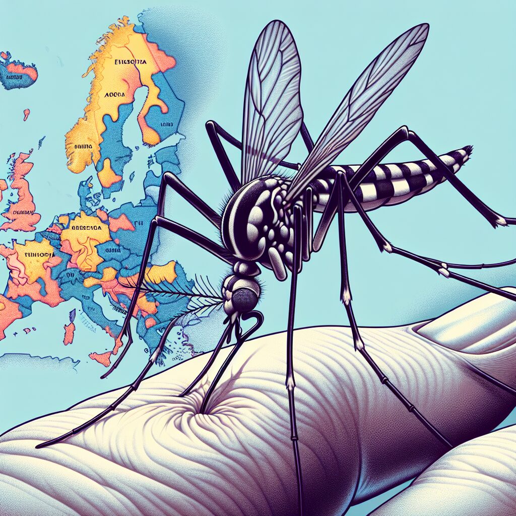 A detailed illustration of a mosquito, primarily Aedes albopictus, biting through human skin, representing the increasing mosquito-borne diseases in Europe due to climate change, with a European map in the background showing affected areas.