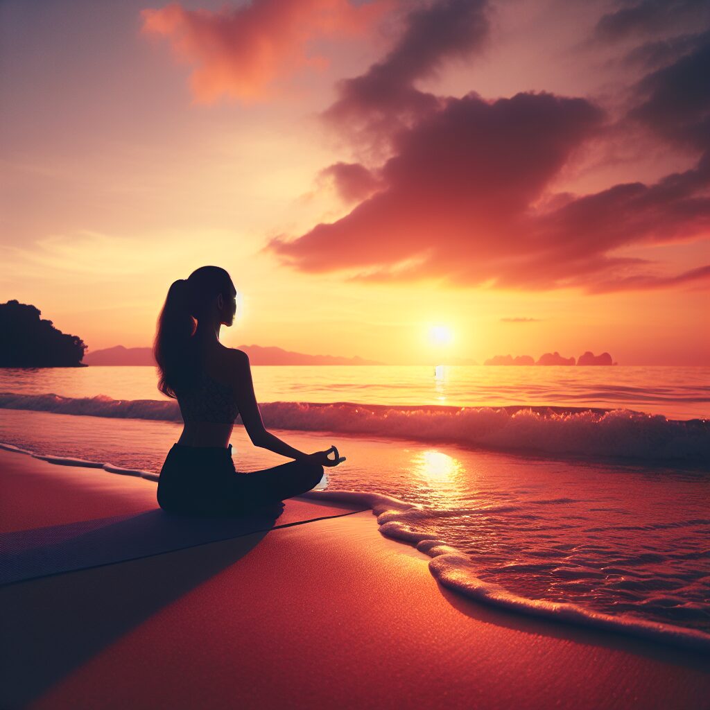 A serene summer scene showing a beach at sunset, with a person practicing yoga, reflecting a sense of mental peace and wellness. The sky has warm colors with soft waves on the sea, and a silhouette of mountains in the background, embodying tranquility and relaxation.