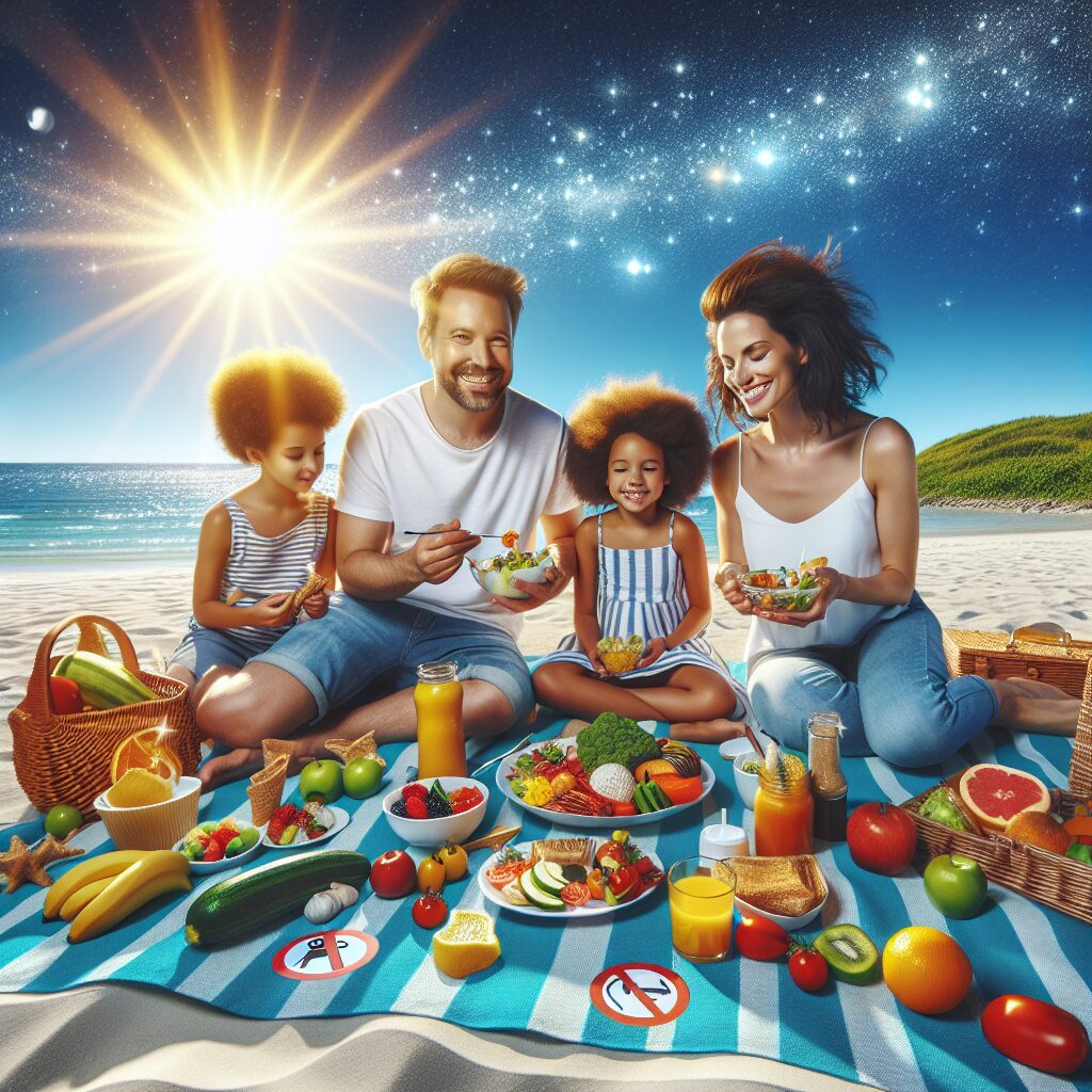 A relaxing summer vacation scene with a family enjoying a healthy meal on a beach picnic, vibrant colors, sunny weather, with symbols of no alcohol, allergy alerts, and diabetic precautions.
