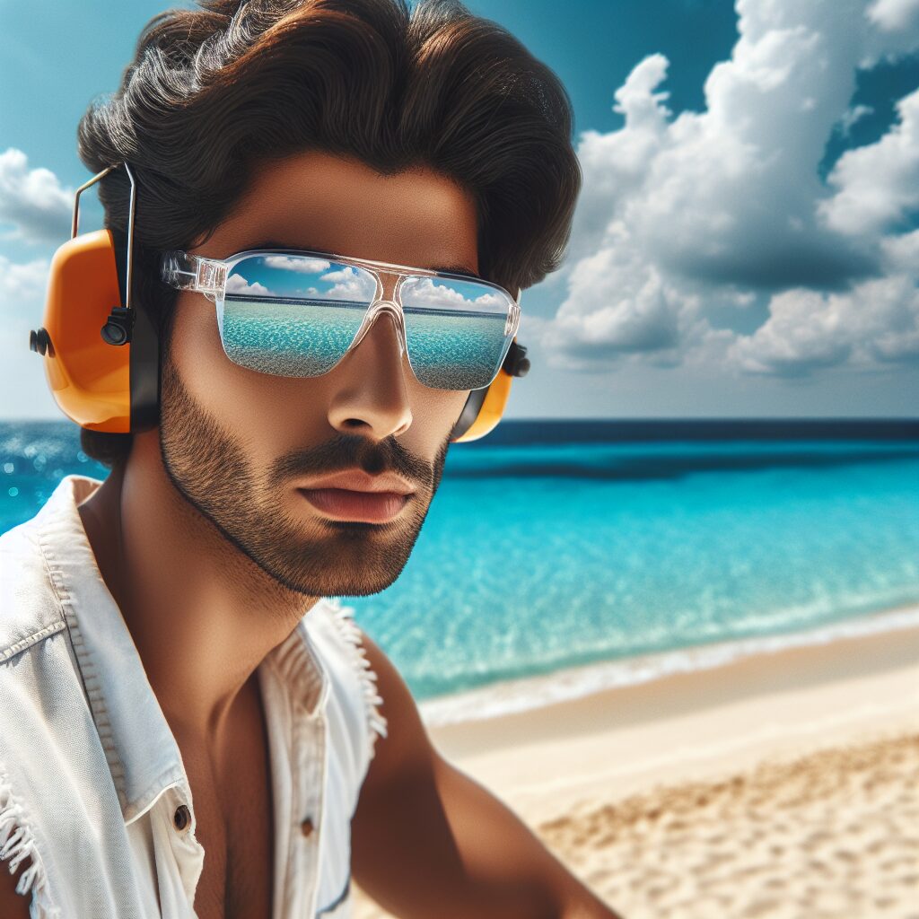 A peaceful summer scene with a person wearing sunglasses and ear protection on a sunny beach, highlighting the importance of protecting eyes and ears during summer activities.