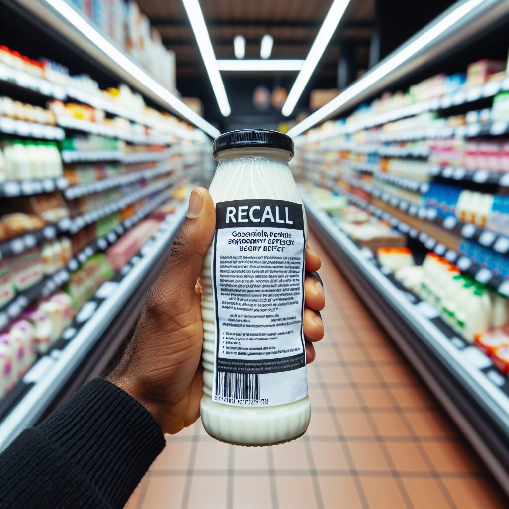 An image showing a supermarket aisle with a concerned shopper holding a milk bottle labeled 'Carrefour Extra', highlighting a recall notice in French about sensory defects.