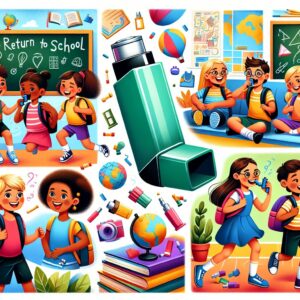 An illustration showing a school scene with children playing, some sitting with inhalers, in a colorful and educational environment to convey awareness about asthma management during school return.