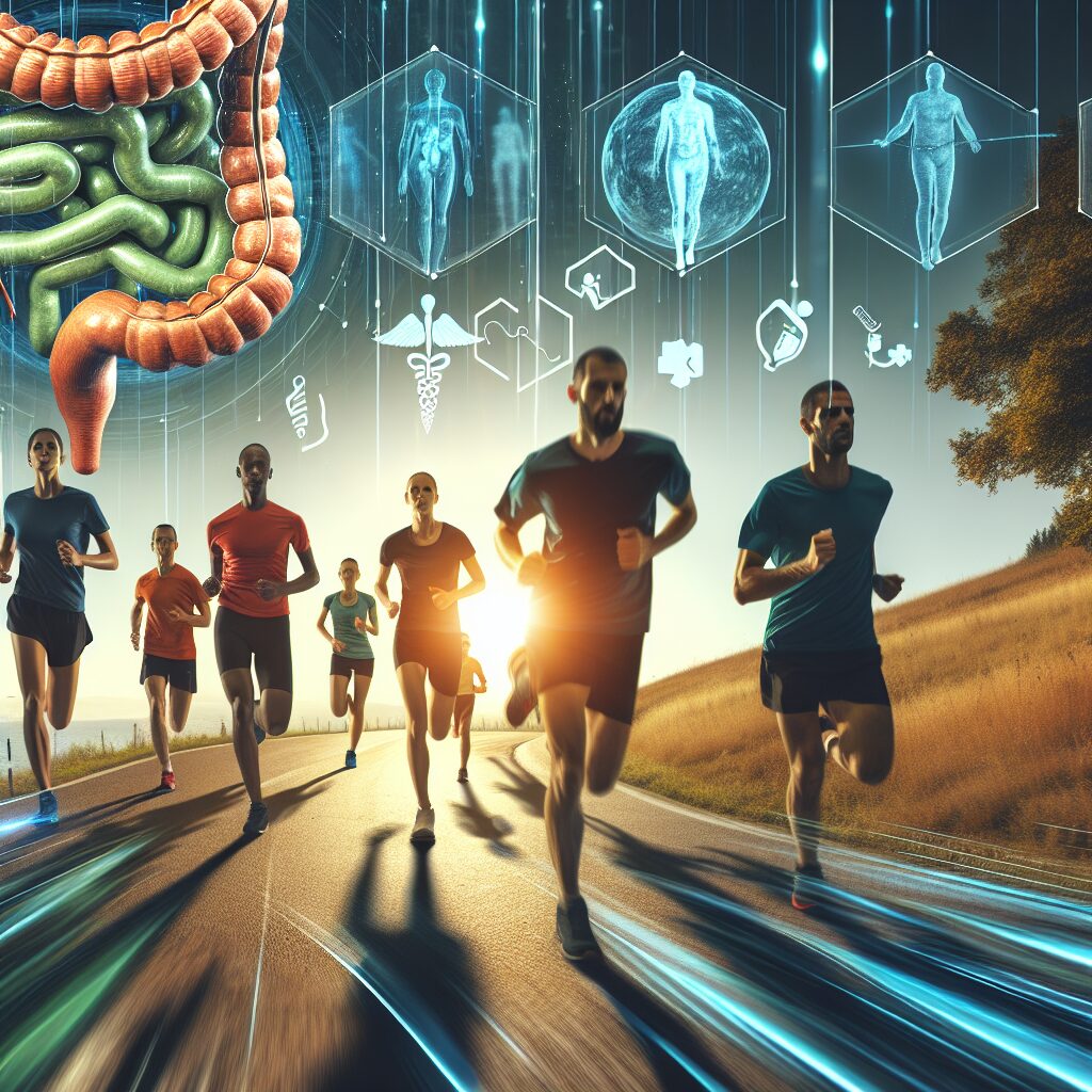 A diverse group of marathon runners in dynamic motion on a scenic trail, conveying both the vitality and intensity of long-distance running. In the background, hint subtle health elements with icons of a colon and medical symbols subtly integrated, illustrating the research focus on health risks and running.
