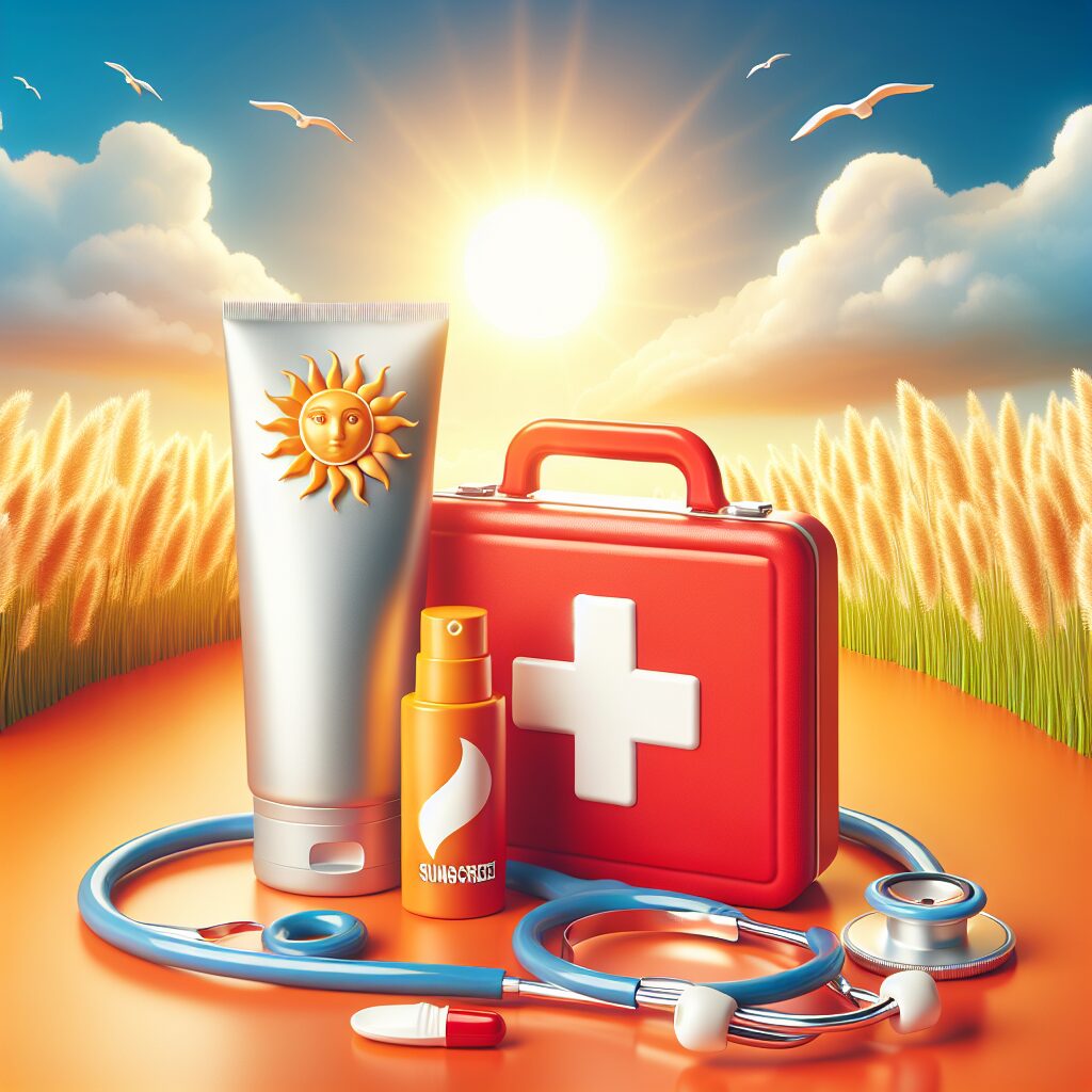 A sunny summer landscape with symbols representing health, like a stethoscope, sunscreen, and medical kits, illustrating protection against summer health risks.