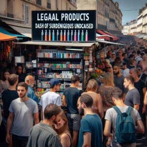 A bustling, colorful street market in France with a focus on vibrant displays of electronic cigarettes in various flavors, subtly hidden in plain view among other legal goods. The scene is dynamic with diverse shoppers, emphasizing a clandestine but thriving market atmosphere.