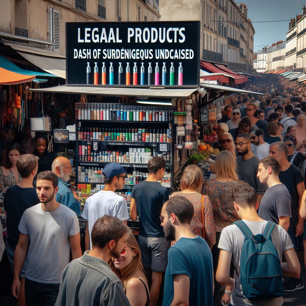 A bustling, colorful street market in France with a focus on vibrant displays of electronic cigarettes in various flavors, subtly hidden in plain view among other legal goods. The scene is dynamic with diverse shoppers, emphasizing a clandestine but thriving market atmosphere.