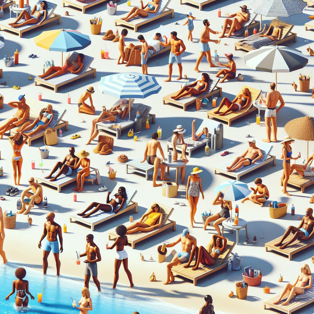 A sunny beach scene with people relaxing, hydrating, and applying sunscreen, surrounded by summer essentials like hats and sunglasses, capturing the essence of a healthy and carefree summer.
