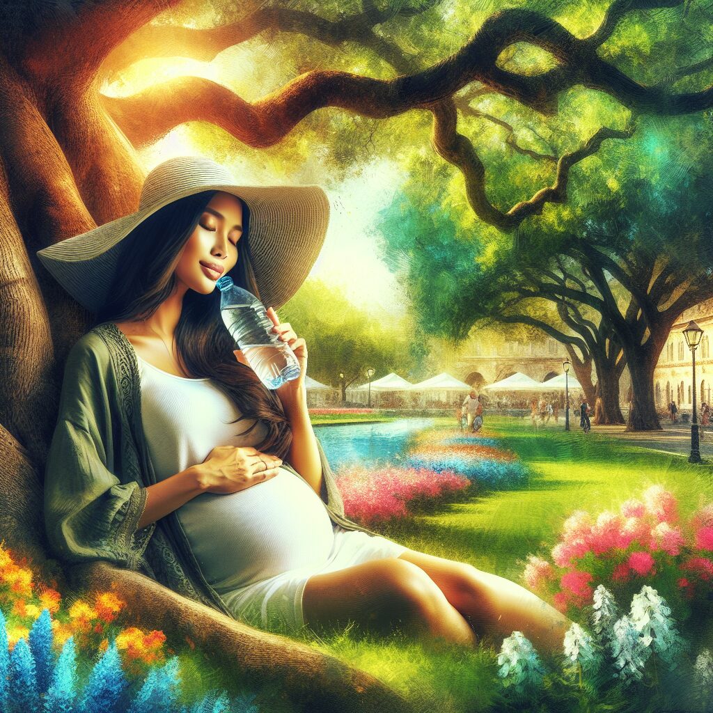 A gentle, serene illustration of a pregnant woman relaxing in a shaded park, wearing a wide-brimmed hat, sipping water, surrounded by lush greenery and a bright summer sky.