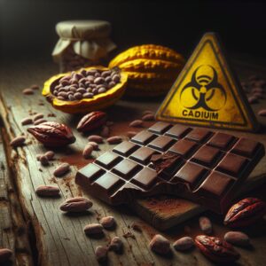 A bar of chocolate on a rustic table, surrounded by cocoa beans and a warning sign for cadmium. Soft lighting enhances the textures of the chocolate and beans, emphasizing an atmosphere of caution regarding consumption.