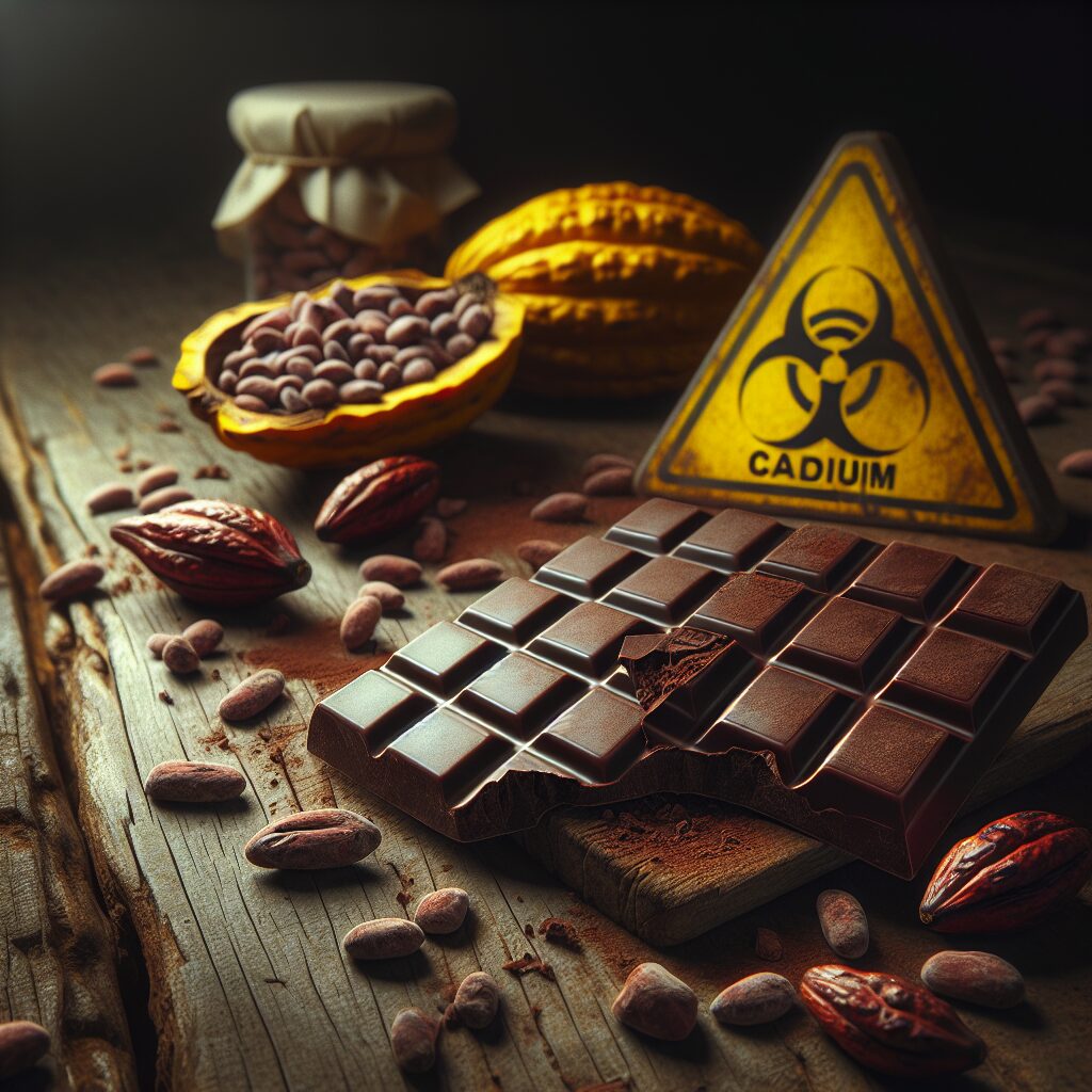 A bar of chocolate on a rustic table, surrounded by cocoa beans and a warning sign for cadmium. Soft lighting enhances the textures of the chocolate and beans, emphasizing an atmosphere of caution regarding consumption.