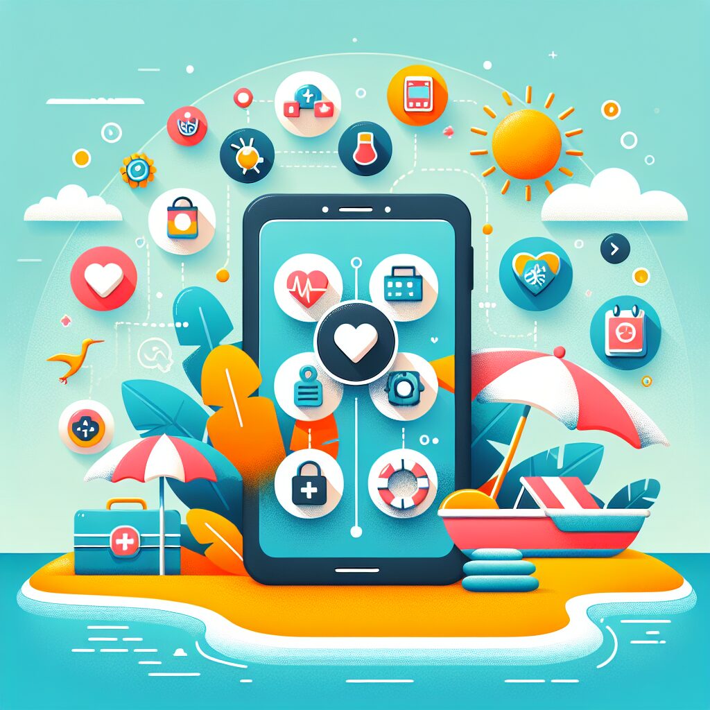 Illustration moderne des applications mobiles de l'Assurance Maladie, montrant un smartphone avec des icônes symbolisant la santé, les vacances, et le numérique, placé dans un cadre estival avec une plage et un parasol.