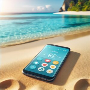 A serene beach setting with a smartphone displaying health and travel apps on its screen, symbolizing the integration of technology and personal health management while on vacation.