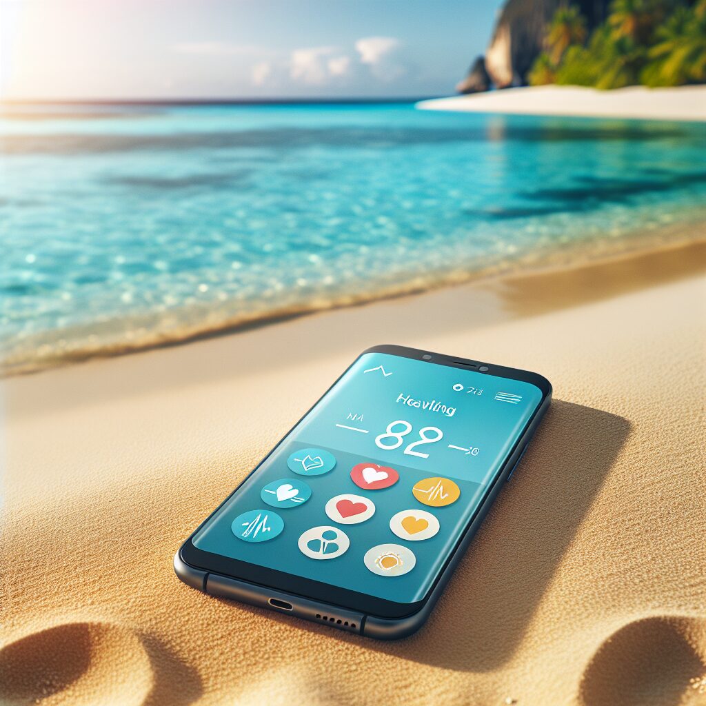 A serene beach setting with a smartphone displaying health and travel apps on its screen, symbolizing the integration of technology and personal health management while on vacation.