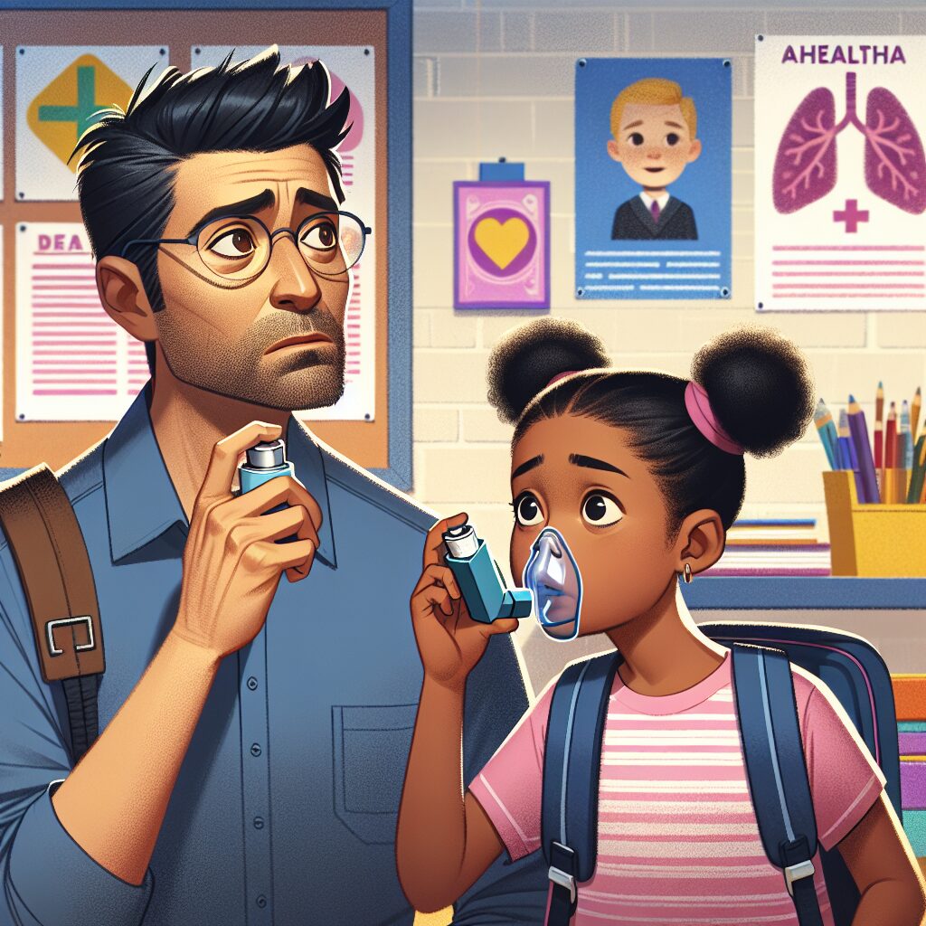 Illustration of a worried parent and a child with an asthma inhaler in a school setting, highlighting health and prevention for back-to-school season.