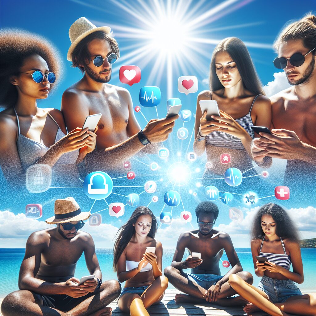 A group of people at a sunny beach using their smartphones, with a visual interface of health apps in the background, signifying the use of healthcare applications while on vacation. Vibrant, summer atmosphere, blue skies, and sea in the background.