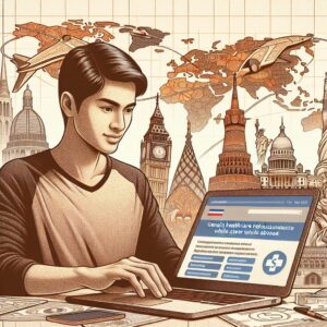 An informative illustration showing a person using a laptop to access the Ameli website for healthcare reimbursement from abroad. The background shows famous landmarks from different countries, symbolizing international travel.