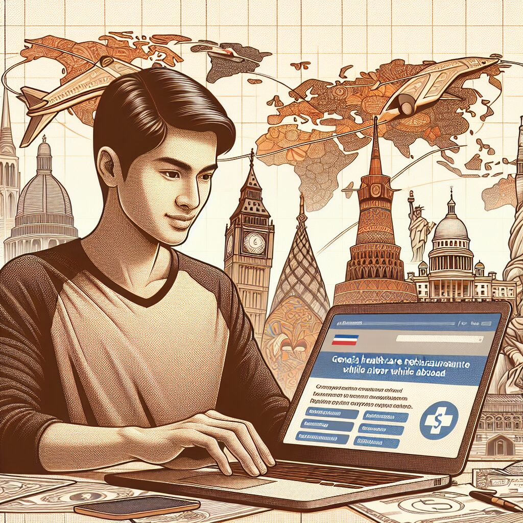 An informative illustration showing a person using a laptop to access the Ameli website for healthcare reimbursement from abroad. The background shows famous landmarks from different countries, symbolizing international travel.